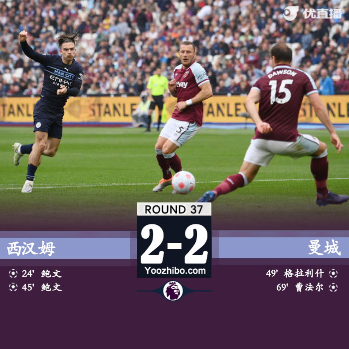 曼城2-2西汉姆 马赫雷斯失点格拉利什破门